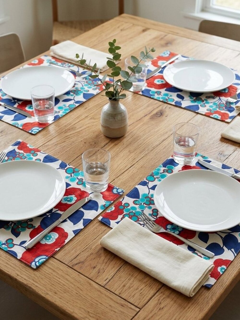 Handmade Cotton Dinner Table Placemats Quilted Set of 4 Floral Blue Red